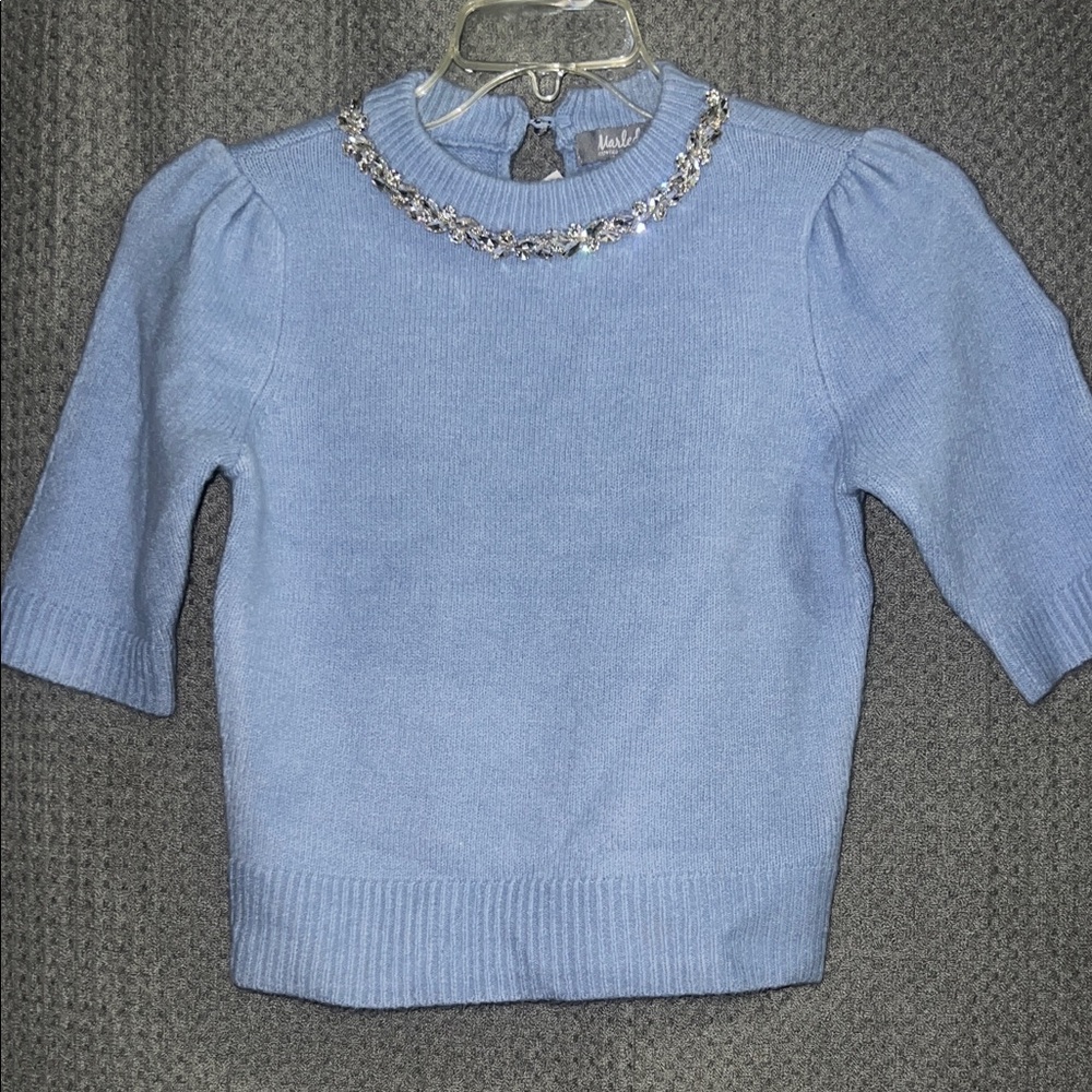 Sweet Blue Women's Sweater with Embellished Neckline